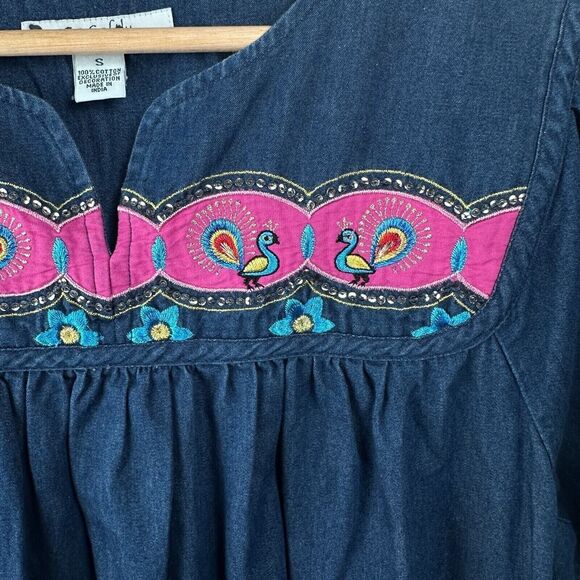 Go Softly Patio Embroidered Peacock Floral Denim Dress Size S Cotton Grandmacore - Picture 4 of 9